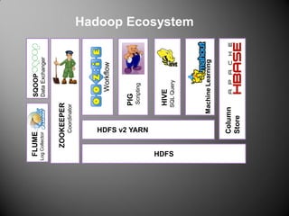 HDFS
HDFS v2 YARN
ZOOKEEPER
Coordinator
FLUME
LogCollector
SQOOP
DataExchanger
Workflow
PIG
Scripting
HIVE
SQLQuery
MachineLearning
Column
Store
Hadoop Ecosystem
 