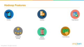 Hadoop Features
Scalable Fault tolerantFlexible
Distributed
storage
Cost effective
Robust
ecosystem
 