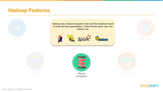 Distributed
storage
Hadoop Features
Scalable Fault tolerantFlexible
Cost effective
Hadoop has a robust ecosystem that suits the analytical needs
of small and big organizations. These include spark, pig, hive,
mahout, etc.
Robust
ecosystem
 