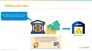 Hadoop use case
Before 2008 economic recession, every bank
maintained a legacy data warehouse
Data warehouse
Home mortgage details, credit card
transactions and other financial details of
every customer was restricted to local
database systems
 