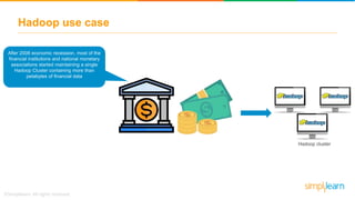 Hadoop use case
After 2008 economic recession, most of the
financial institutions and national monetary
associations started maintaining a single
Hadoop Cluster containing more than
petabytes of financial data
Hadoop cluster
 