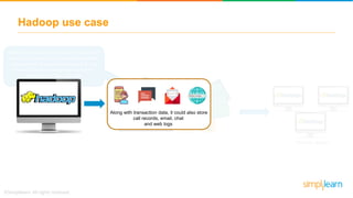 Hadoop use case
After 2008 economic recession, most of the
financial institutions and national monetary
associations started maintaining a single
Hadoop Cluster containing more than
petabytes of financial data
Hadoop cluster
Along with transaction data, it could also store
call records, email, chat
and web logs
 