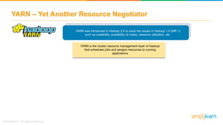 YARN – Yet Another Resource Negotiator
YARN was introduced in Hadoop 2.0 to solve the issues in Hadoop 1.0 (MR 1)
such as scalability, availability of nodes, resource utilization, etc.
YARN is the cluster resource management layer of Hadoop
that schedules jobs and assigns resources to running
applications
 