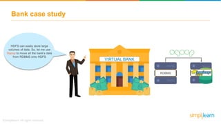 Bank case study
VIRTUAL BANK
HDFS can easily store large
volumes of data. So, let me use
Sqoop to move all the bank’s data
from RDBMS onto HDFS
RDBMS
 