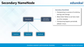 www.edureka.co/big-data-and-hadoopEDUREKA HADOOP CERTIFICATION TRAINING
Secondary NameNode
Secondary NameNode
• Checkpointing is a process of combining
edit logs with FsImage
• Allows faster Failover as we have a back
up of the metadata
• Checkpointing happens periodically
(default: 1 hour)
NameNode
DataNode DataNodeDataNode
Secondary
NameNode
 