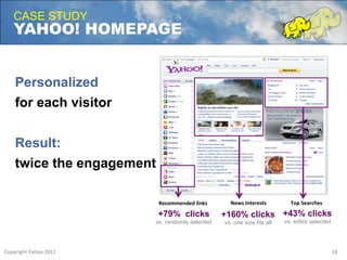 CASE STUDY
     YAHOO! HOMEPAGE


      Personalized
      for each visitor


      Result:
      twice the engagement

                                                       Recommended	
  links	
       News	
  Interests	
       Top	
  Searches	
  

                                                      +79% clicks                 +160% clicks +43% clicks
                                                      vs. randomly selected       vs. one size fits all     vs. editor selected




Copyright	
  Yahoo	
  2011	
  Hortonworks Inc. 2011
                         ©
                                                                                                                                    18	
  
 