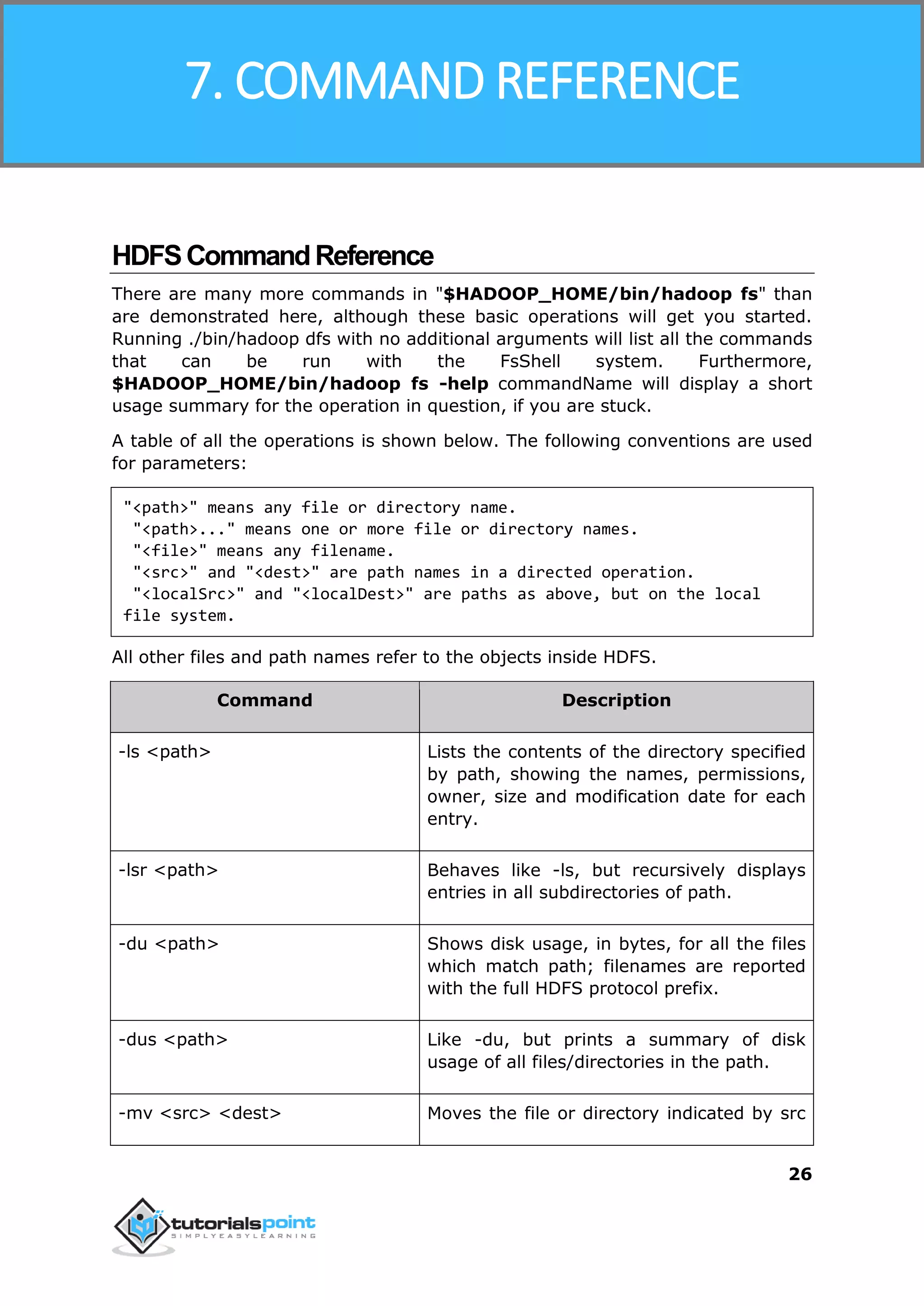 Hadoop
26
HDFSCommandReference
There are many more commands in "$HADOOP_HOME/bin/hadoop fs" than
are demonstrated here, although these basic operations will get you started.
Running ./bin/hadoop dfs with no additional arguments will list all the commands
that can be run with the FsShell system. Furthermore,
$HADOOP_HOME/bin/hadoop fs -help commandName will display a short
usage summary for the operation in question, if you are stuck.
A table of all the operations is shown below. The following conventions are used
for parameters:
"<path>" means any file or directory name.
"<path>..." means one or more file or directory names.
"<file>" means any filename.
"<src>" and "<dest>" are path names in a directed operation.
"<localSrc>" and "<localDest>" are paths as above, but on the local
file system.
All other files and path names refer to the objects inside HDFS.
Command Description
-ls <path> Lists the contents of the directory specified
by path, showing the names, permissions,
owner, size and modification date for each
entry.
-lsr <path> Behaves like -ls, but recursively displays
entries in all subdirectories of path.
-du <path> Shows disk usage, in bytes, for all the files
which match path; filenames are reported
with the full HDFS protocol prefix.
-dus <path> Like -du, but prints a summary of disk
usage of all files/directories in the path.
-mv <src> <dest> Moves the file or directory indicated by src
7. COMMAND REFERENCE
 