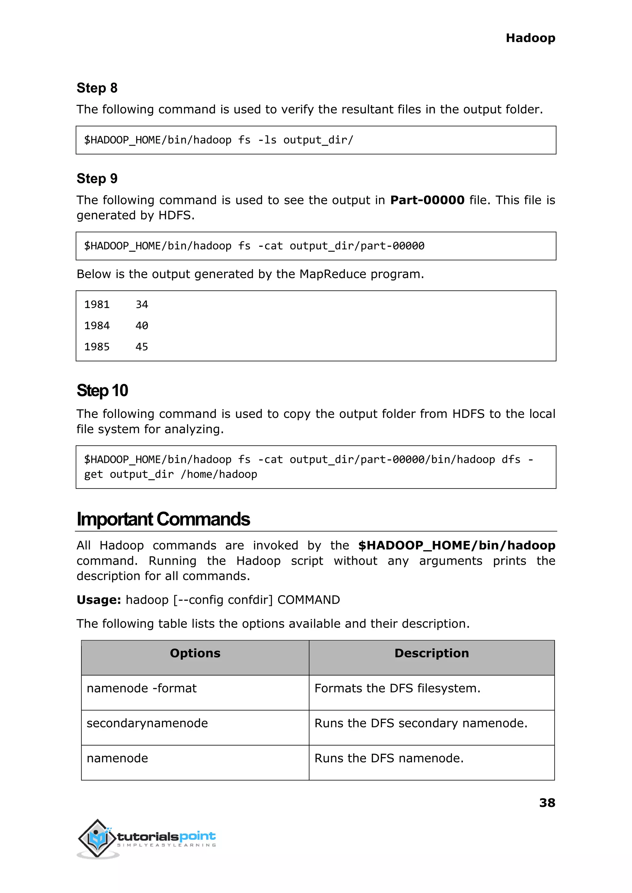 Hadoop
38
Step 8
The following command is used to verify the resultant files in the output folder.
$HADOOP_HOME/bin/hadoop fs -ls output_dir/
Step 9
The following command is used to see the output in Part-00000 file. This file is
generated by HDFS.
$HADOOP_HOME/bin/hadoop fs -cat output_dir/part-00000
Below is the output generated by the MapReduce program.
1981 34
1984 40
1985 45
Step10
The following command is used to copy the output folder from HDFS to the local
file system for analyzing.
$HADOOP_HOME/bin/hadoop fs -cat output_dir/part-00000/bin/hadoop dfs -
get output_dir /home/hadoop
ImportantCommands
All Hadoop commands are invoked by the $HADOOP_HOME/bin/hadoop
command. Running the Hadoop script without any arguments prints the
description for all commands.
Usage: hadoop [--config confdir] COMMAND
The following table lists the options available and their description.
Options Description
namenode -format Formats the DFS filesystem.
secondarynamenode Runs the DFS secondary namenode.
namenode Runs the DFS namenode.
 