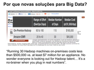 “Running 30 Hadoop machines on-premises costs less
than $500,000 vs. at least $7 million for an appliance. No
wonder everyone is looking out for Hadoop talent… It’s a
no-brainer when you plug in real numbers”.
Por que novas soluções para Big Data?
 