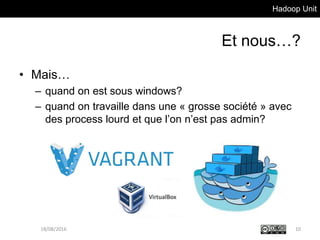 Hadoop Unit
Et nous…?
• Mais…
– quand on est sous windows?
– quand on travaille dans une « grosse société » avec
des process lourd et que l’on n’est pas admin?
18/08/2016 10
 