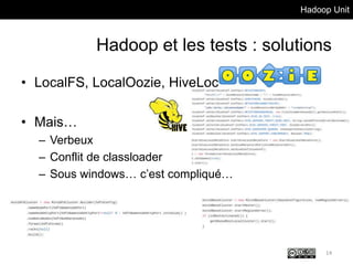 Hadoop Unit
Hadoop et les tests : solutions
• LocalFS, LocalOozie, HiveLocal
• Mais…
– Verbeux
– Conflit de classloader
– Sous windows… c’est compliqué…
14
 