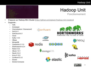 Hadoop Unit
Hadoop Unit
Fonctionnement
• S’appuie sur Hadoop Mini Cluster (https://github.com/sakserv/hadoop-mini-clusters)
• Supporte :
– Hdfs
– Zookeeper
– Hivemetastore / Hiverserver2
– Solr 6.6.1
– SolrCloud 6.6.1
– Oozie
– Kafka 1.0.0
– HBase
– MongoDB
– Cassandra 3.11.0
– Elasticsearch 6.2.4
– Redis 4.0.0
– Alluxio 1.8.1
– Neo4J 3.2.2
– Knox 0.12.0
– Confluent 5.3.0
– Docker
– Docker-Compose
18
 
