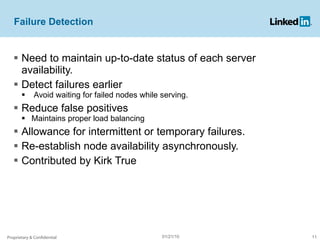 Failure Detection Need to maintain up-to-date status of each server availability. Detect failures earlier Avoid waiting for failed nodes while serving. Reduce false positives  Maintains proper load balancing Allowance for intermittent or temporary failures. Re-establish node availability asynchronously.  Contributed by Kirk True Proprietary & Confidential 01/21/10 