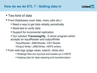 How do we do ETL ? : Getting data in  Two kind of data From Databases (user data, news, jobs etc.) Need a way to get data reliably periodically Need test to verify data Support for incremental replication Our solution  Transmogrify,  A   driver program which accepts an inputReader and outputWriter InputReader: JDBCReader, CSV Reader Output Writer: JDBCWriter, HDFS writers From web logs (page views, search, clicks etc) Weblogs files are rsynced and loaded up in HDFS Hadoop jobs for date cleaning and transformation. 