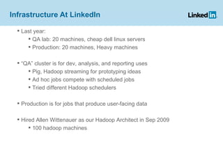 Infrastructure At LinkedIn Last year: QA lab: 20 machines, cheap dell linux servers Production: 20 machines, Heavy machines “ QA” cluster is for dev, analysis, and reporting uses Pig, Hadoop streaming for prototyping ideas Ad hoc jobs compete with scheduled jobs  Tried different Hadoop schedulers Production is for jobs that produce user-facing data Hired Allen Wittenauer as our Hadoop Architect in Sep 2009 100 hadoop machines 