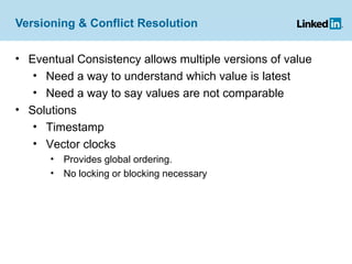 Versioning & Conflict Resolution Eventual Consistency allows multiple versions of value Need a way to understand which value is latest Need a way to say values are not comparable Solutions Timestamp Vector clocks Provides global ordering. No locking or blocking necessary 