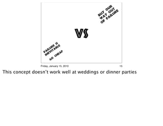 ur t
                                                      o u
                                                   y o ure
                                                 Bu ay il
                                                  w Fa
                                                    f
                                                  o



                                            vs
                              is
                            e le
                         ur b
                       il ita
                    Fa ev           p
                     in          ea
                             Ch
                         Go

                 Friday, January 15, 2010                     15

This concept doesn’t work well at weddings or dinner parties
 