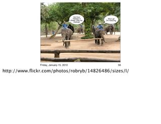 Ha! Your
                                             Hadoop is       Shut up!
                                          slower than my   I’m reducing.
                                              Hadoop!




               Friday, January 15, 2010                                    56

http://www.ﬂickr.com/photos/robryb/14826486/sizes/l/
 
