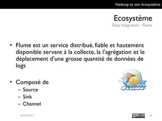 Hadoop et son écosystème
Ecosystème
Data Integration - Flume
29
• Flume est un service distribué, fiable et
hautement disponible servant à la collecte, la
l’agrégation et le déplacement d’une grosse
quantité de données de logs
• Composé de
– Source
– Sink
– Channel
09/10/2015
 