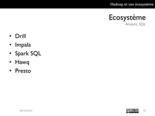 Hadoop et son écosystème
Ecosystème
Analytic SQL
39
• Drill
• Impala
• Spark SQL
• Hawq
• Presto
09/10/2015
 