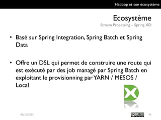 Hadoop et son écosystème
Ecosystème
Stream Processing – Spring XD
49
• Basé sur Spring Integration, Spring Batch et
Spring Data
• Offre un DSL qui permet de construire une route
qui est exécuté par des job managé par Spring
Batch en exploitant le provisionning par YARN /
MESOS / Local
09/10/2015
 