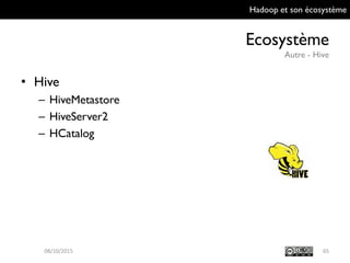 Hadoop et son écosystème
Ecosystème
Autre - Hive
65
• Hive
– HiveMetastore
– HiveServer2
– HCatalog
09/10/2015
 