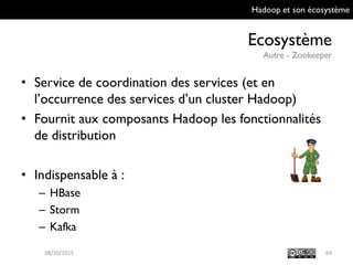Hadoop et son écosystème
Ecosystème
Autre - Zookeeper
69
• Service de coordination des services (et en
l’occurrence des services d’un cluster Hadoop)
• Fournit aux composants Hadoop les
fonctionnalités de distribution
• Indispensable à :
– HBase
– Storm
– Kafka
09/10/2015
 