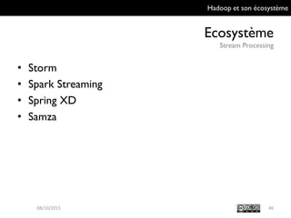 Hadoop et son écosystème
Ecosystème
Stream Processing
46
• Storm
• Spark Streaming
• Spring XD
• Samza
09/10/2015
 