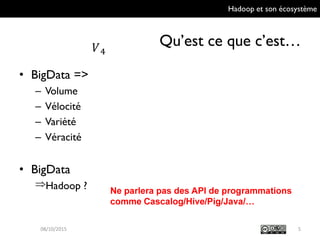 Hadoop et son écosystème
Qu’est ce que c’est…
• BigData => V4
– Volume
– Vélocité
– Variété
– Véracité
• BigData
=> Hadoop?
09/10/2015 5
Ne parlera pas des API de programmations
comme Cascalog/Hive/Pig/Java/…
 