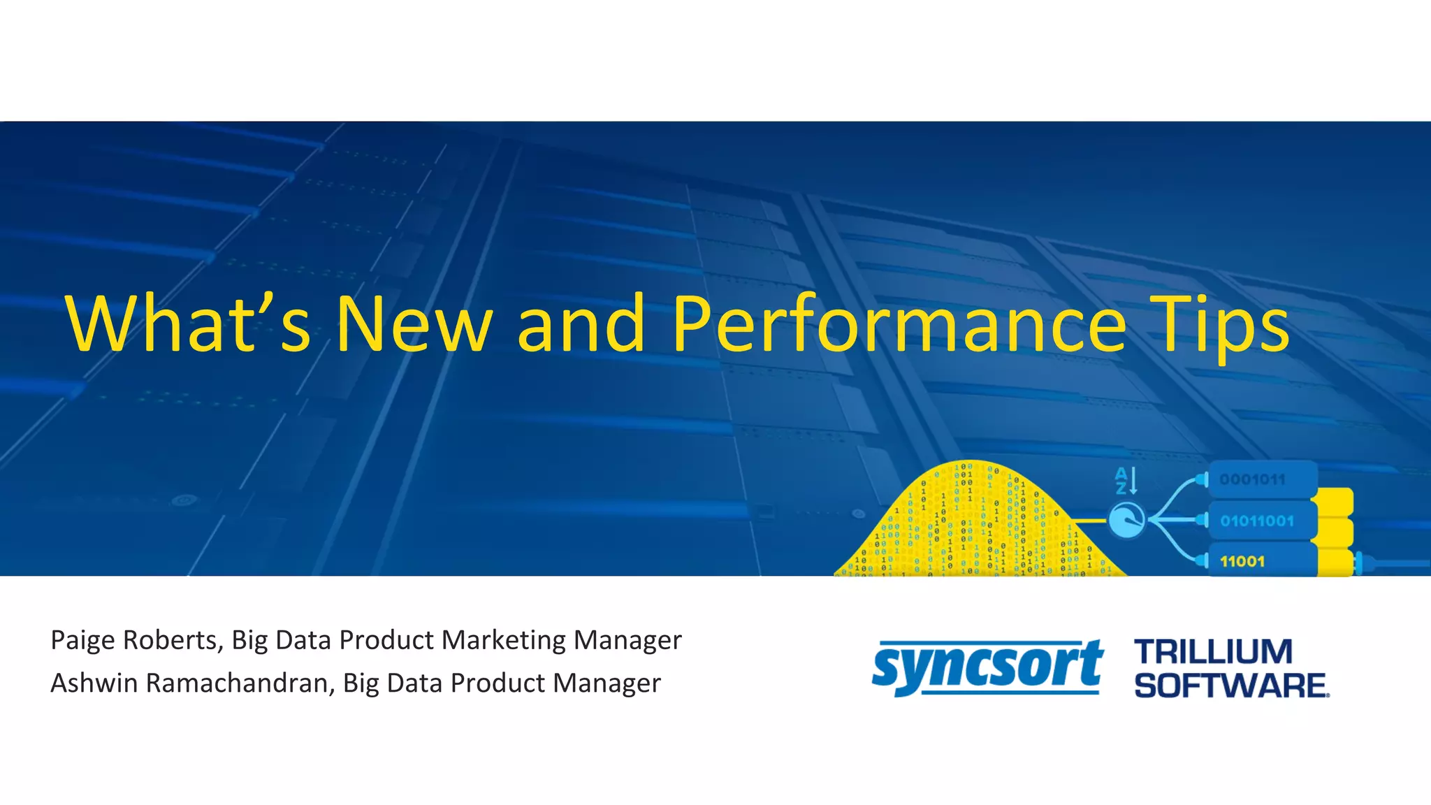 What’s New and Performance Tips
Paige Roberts, Big Data Product Marketing Manager
Ashwin Ramachandran, Big Data Product Manager
 