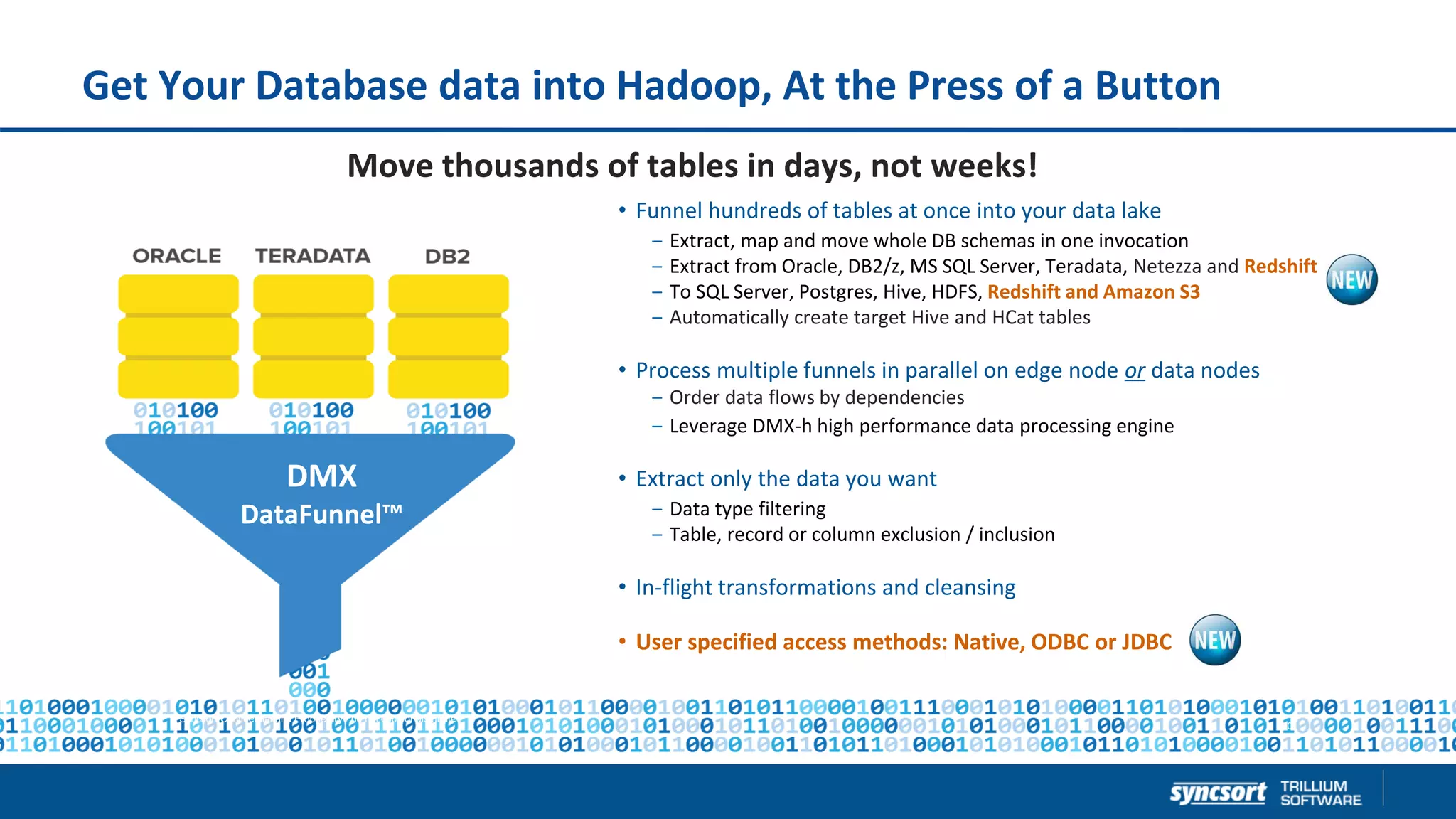 Get Your Database data into Hadoop, At the Press of a Button
• Funnel hundreds of tables at once into your data lake
‒ Extract, map and move whole DB schemas in one invocation
‒ Extract from Oracle, DB2/z, MS SQL Server, Teradata, Netezza and Redshift
‒ To SQL Server, Postgres, Hive, HDFS, Redshift and Amazon S3
‒ Automatically create target Hive and HCat tables
• Process multiple funnels in parallel on edge node or data nodes
‒ Order data flows by dependencies
‒ Leverage DMX-h high performance data processing engine
• Extract only the data you want
‒ Data type filtering
‒ Table, record or column exclusion / inclusion
• In-flight transformations and cleansing
• User specified access methods: Native, ODBC or JDBC
10
Syncsort Confidential and Proprietary - do not copy or distribute
DMX
DataFunnel™
Move thousands of tables in days, not weeks!
 