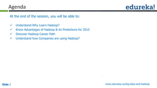 Slide 2Slide 2Slide 2 www.edureka.co/big-data-and-hadoop
At the end of the session, you will be able to:
 Understand Why Learn Hadoop?
 Know Advantages of Hadoop & its Predictions for 2015
 Discover Hadoop Career Path
 Understand how Companies are using Hadoop?
Agenda
 