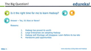 Slide 21Slide 21Slide 21 www.edureka.co/big-data-and-hadoop
The Big Question!
Is it the right time for me to learn Hadoop?
Answer – Yes, it’s Now or Never!
Reasons:
1. Hadoop has proved its worth
2. Large Enterprises are adopting Hadoop
3. Hadoop skill Shortage will disappear. Learn Before its too late
4. Handsome paid opportunities
 