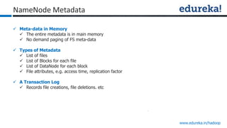 www.edureka.in/hadoop
NameNode Metadata
 Meta-data in Memory
 The entire metadata is in main memory
 No demand paging o...