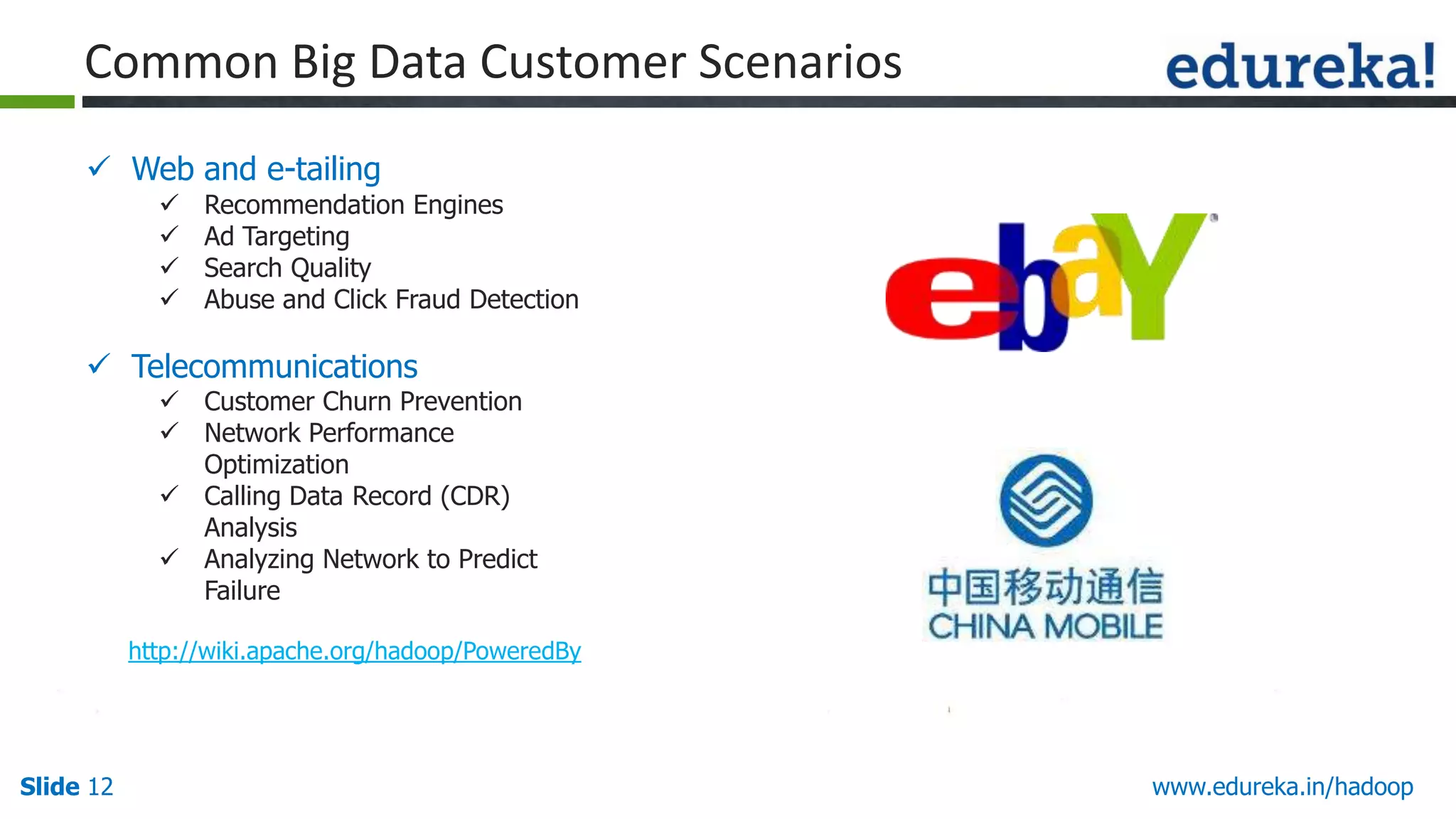 Common Big Data Customer Scenarios
 Web and e-tailing





Recommendation Engines
Ad Targeting
Search Quality
Abuse and Click Fraud Detection

 Telecommunications

 Customer Churn Prevention
 Network Performance
Optimization
 Calling Data Record (CDR)
Analysis
 Analyzing Network to Predict
Failure

http://wiki.apache.org/hadoop/PoweredBy

Slide 12

www.edureka.in/hadoop

 