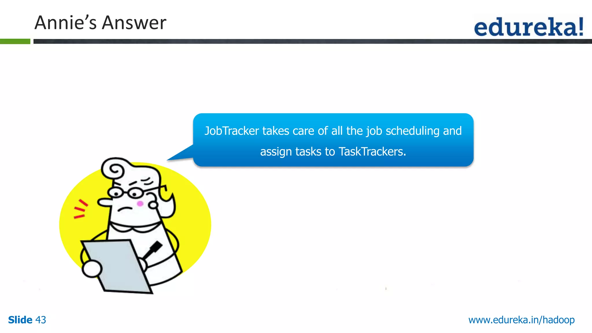 Annie&rsquo;s Answer

JobTracker takes care of all theHello There!!
job scheduling and

My name is Annie.
I love quizzes and
puzzles and I am here to
make you guys think and
answer my questions.

assign tasks to TaskTrackers.

Slide 43

www.edureka.in/hadoop

 