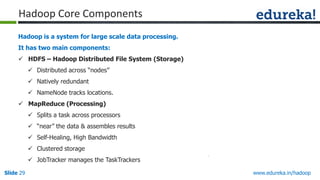Hadoop Core Components
Hadoop is a system for large scale data processing.
It has two main components:
 HDFS – Hadoop Distributed File System (Storage)
 Distributed across “nodes”
 Natively redundant
 NameNode tracks locations.
 MapReduce (Processing)

 Splits a task across processors
 “near” the data & assembles results
 Self-Healing, High Bandwidth
 Clustered storage
 JobTracker manages the TaskTrackers
Slide 29

www.edureka.in/hadoop

 