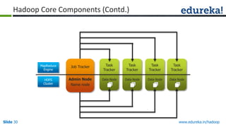 Hadoop Core Components (Contd.)

MapReduce
Engine

Task
Tracker

Task
Tracker

Task
Tracker

Task
Tracker

HDFS
Cluster

Slide 30

Job Tracker
Admin Node
Name node

Data Node

Data Node

Data Node

Data Node

www.edureka.in/hadoop

 