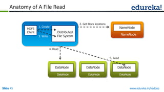 Anatomy of A File Read

HDFS
Client

2. Get Block locations

1. Create
3. Write

NameNode

Distributed
File System

NameNode

4. Read

5. Read

DataNode

DataNode

DataNode

Slide 45

DataNode
DataNode

DataNode

www.edureka.in/hadoop

 