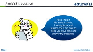 Annie’s Introduction

Hello There!!
My name is Annie.
I love quizzes and
puzzles and I am here to
make you guys think and
answer my questions.

Slide 8

www.edureka.in/hadoop

 