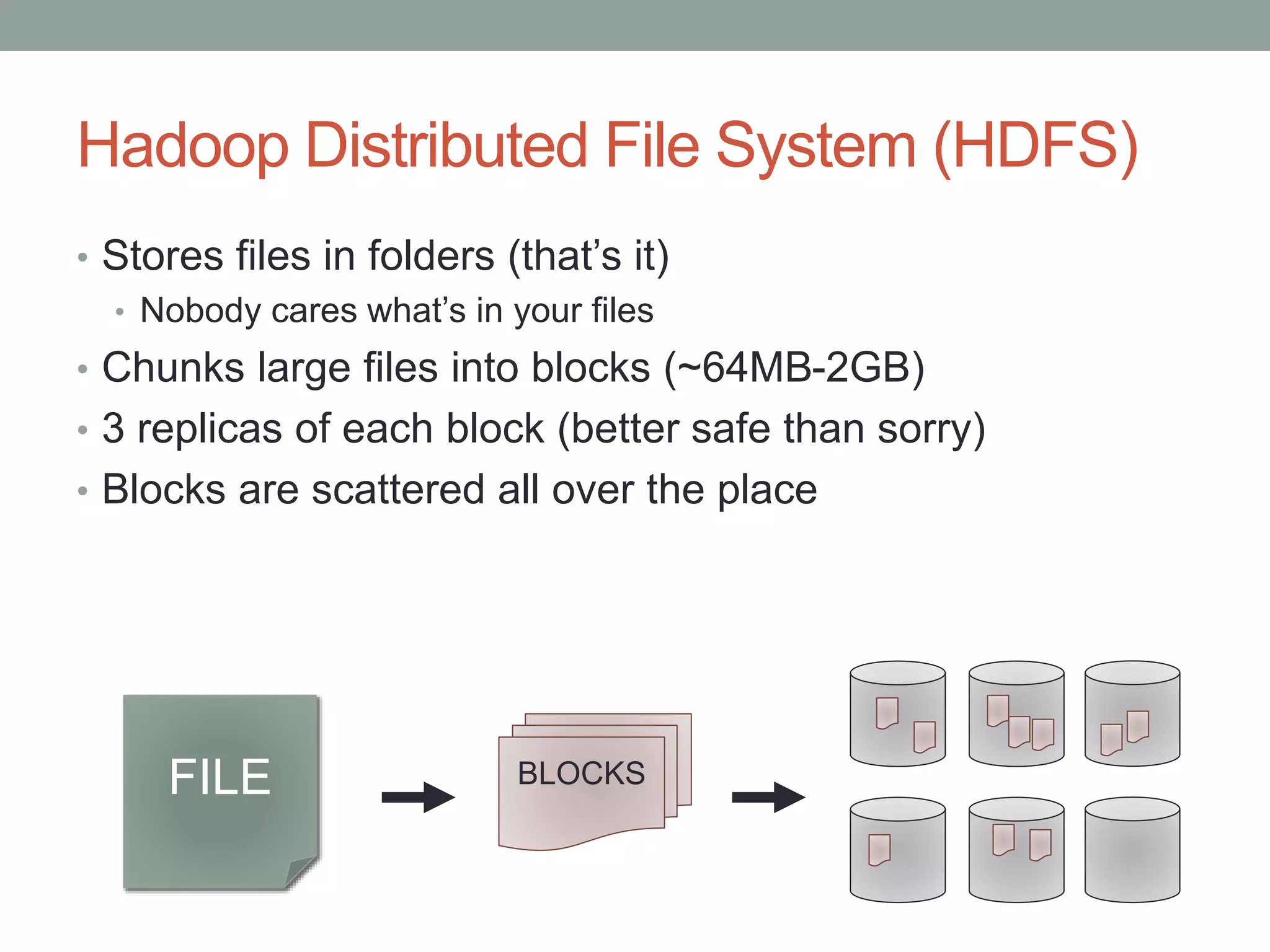 Hadoop Distributed File System (HDFS)
• Stores files in folders (that’s it)
• Nobody cares what’s in your files
• Chunks large files into blocks (~64MB-2GB)
• 3 replicas of each block (better safe than sorry)
• Blocks are scattered all over the place
FILE BLOCKS
 