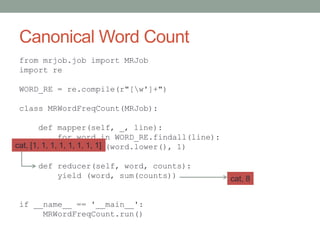 Canonical Word Count
from mrjob.job import MRJob
import re
WORD_RE = re.compile(r"[w']+")
class MRWordFreqCount(MRJob):
de...
