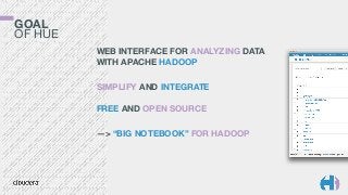 GOAL 
OF HUE
WEB INTERFACE FOR ANALYZING DATA
WITH APACHE HADOOP	
  
SIMPLIFY AND INTEGRATE 
 
FREE AND OPEN SOURCE
—> “BIG NOTEBOOK” FOR HADOOP
 