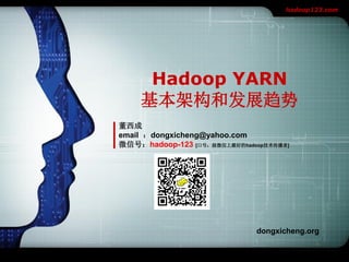 hadoop123.com

Hadoop YARN
基本架构和发展趋势
董西成
email ：dongxicheng@yahoo.com
微信号：hadoop-123 [口号：做微信上最好的hadoop技术传播者]

dongxicheng.org

 