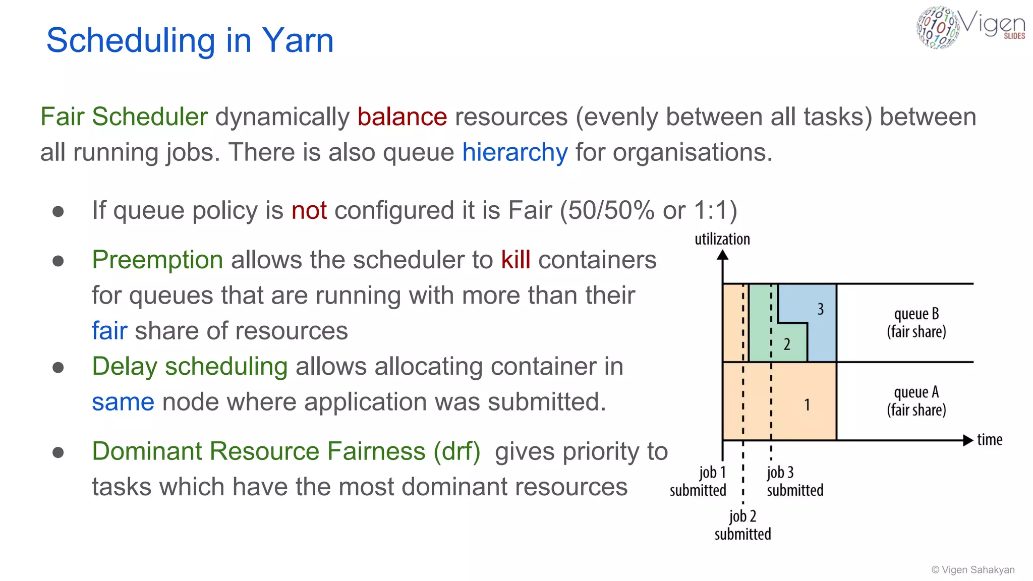 © Vigen Sahakyan
Scheduling in Yarn
Fair Scheduler dynamically balance resources (evenly between all tasks) between
all running jobs. There is also queue hierarchy for organisations.
● If queue policy is not configured it is Fair (50/50% or 1:1)
● Preemption allows the scheduler to kill containers
for queues that are running with more than their
fair share of resources
● Delay scheduling allows allocating container in
same node where application was submitted.
● Dominant Resource Fairness (drf) gives priority to
tasks which have the most dominant resources
 