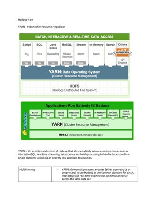 Hadoop Yarn  
 
YARN - Yet Another Resource Negotiator  
 
 
 
 
 
YARN is the architectural center of Hadoop that allows multiple data processing engines such as 
interactive SQL, real time streaming, data science and batch processing to handle data stored in a 
single platform, unlocking an entirely new approach to analytics.  
 
 
Multi-tenancy  - YARN allows multiple access engines (either open-source or 
proprietary) to use Hadoop as the common standard for batch, 
interactive and real-time engines that can simultaneously 
access the same data set.  
 