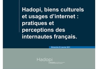 Hadopi, biens culturels
et usages d’internet :
pratiques et
perceptions des
internautes français.
          Dimanche 23 Janvier 2011
 