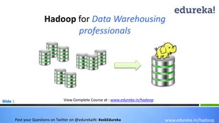 Slide 1
Hadoop for Data Warehousing
professionals
www.edureka.in/hadoop
View Complete Course at : www.edureka.in/hadoop
*
Post your Questions on Twitter on @edurekaIN: #askEdureka
 