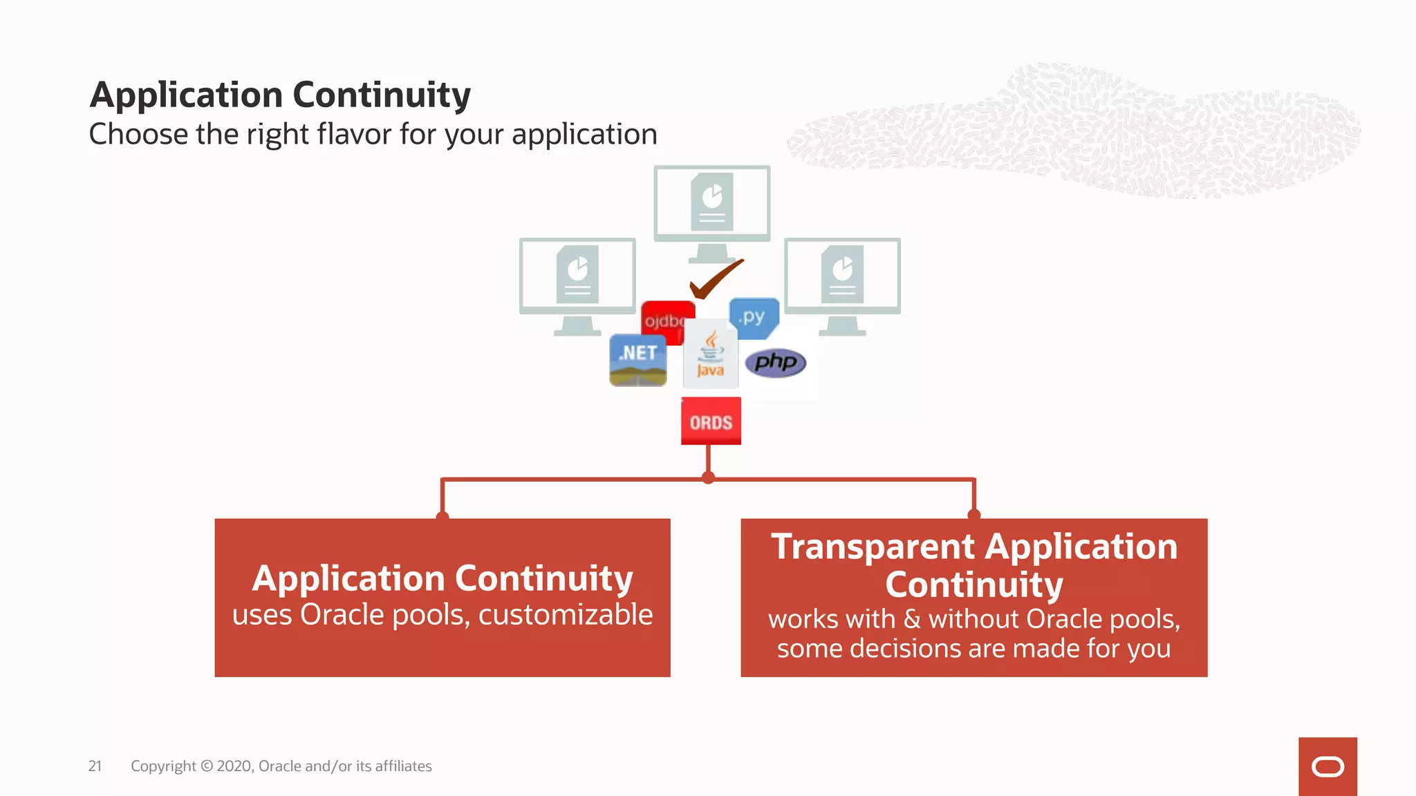 Application Continuity
Choose the right flavor for your application
21
Transparent Application
Continuity
works with & without Oracle pools,
some decisions are made for you
Application Continuity
uses Oracle pools, customizable
Copyright © 2020, Oracle and/or its affiliates
 