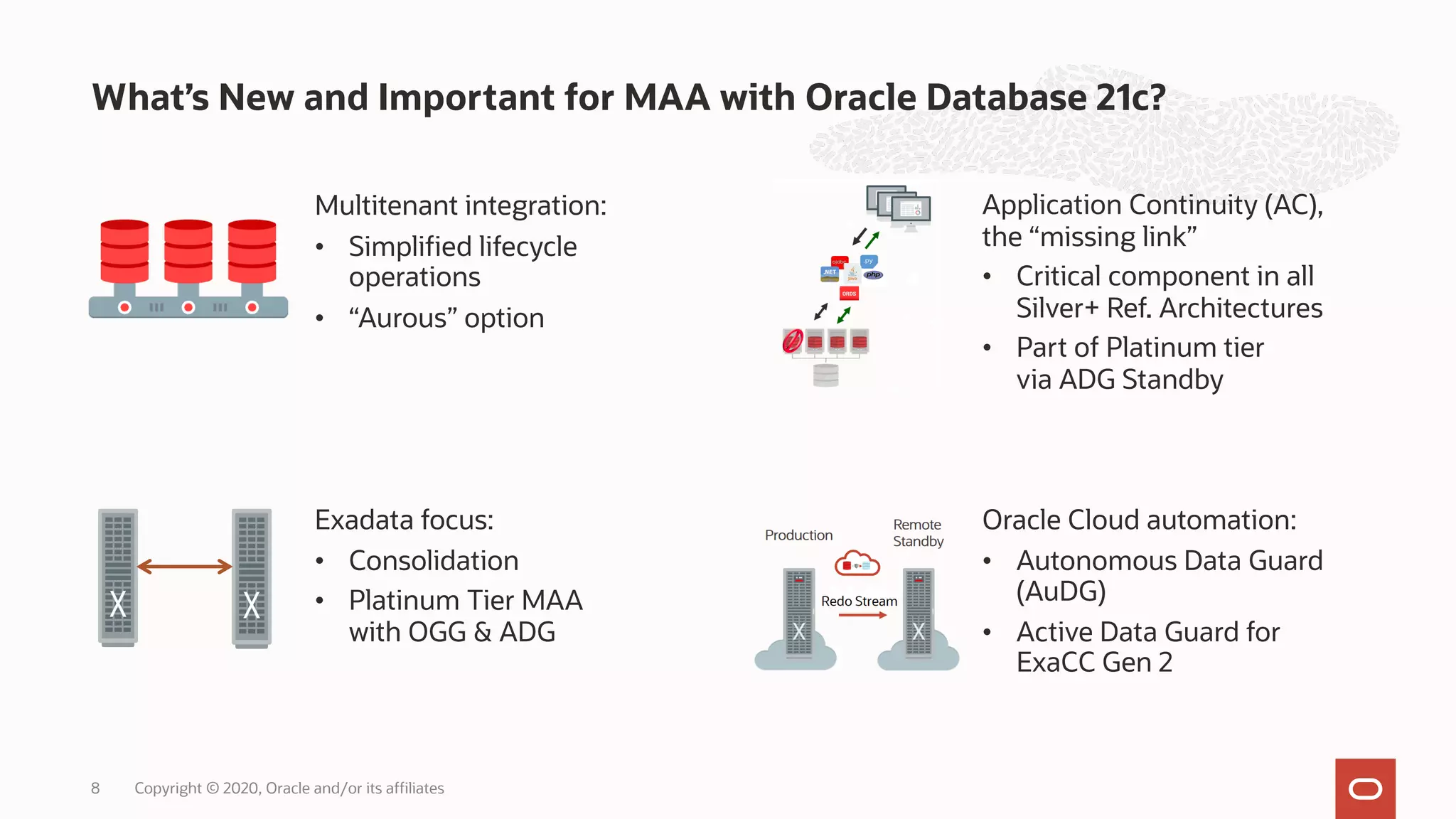 Exadata focus:
• Consolidation
• Platinum Tier MAA
with OGG & ADG
Multitenant integration:
• Simplified lifecycle
operations
• “Aurous” option
Oracle Cloud automation:
• Autonomous Data Guard
(AuDG)
• Active Data Guard for
ExaCC Gen 2
What’s New and Important for MAA with Oracle Database 21c?
Copyright © 2020, Oracle and/or its affiliates
8
Application Continuity (AC),
the “missing link”
• Critical component in all
Silver+ Ref. Architectures
• Part of Platinum tier
via ADG Standby
 